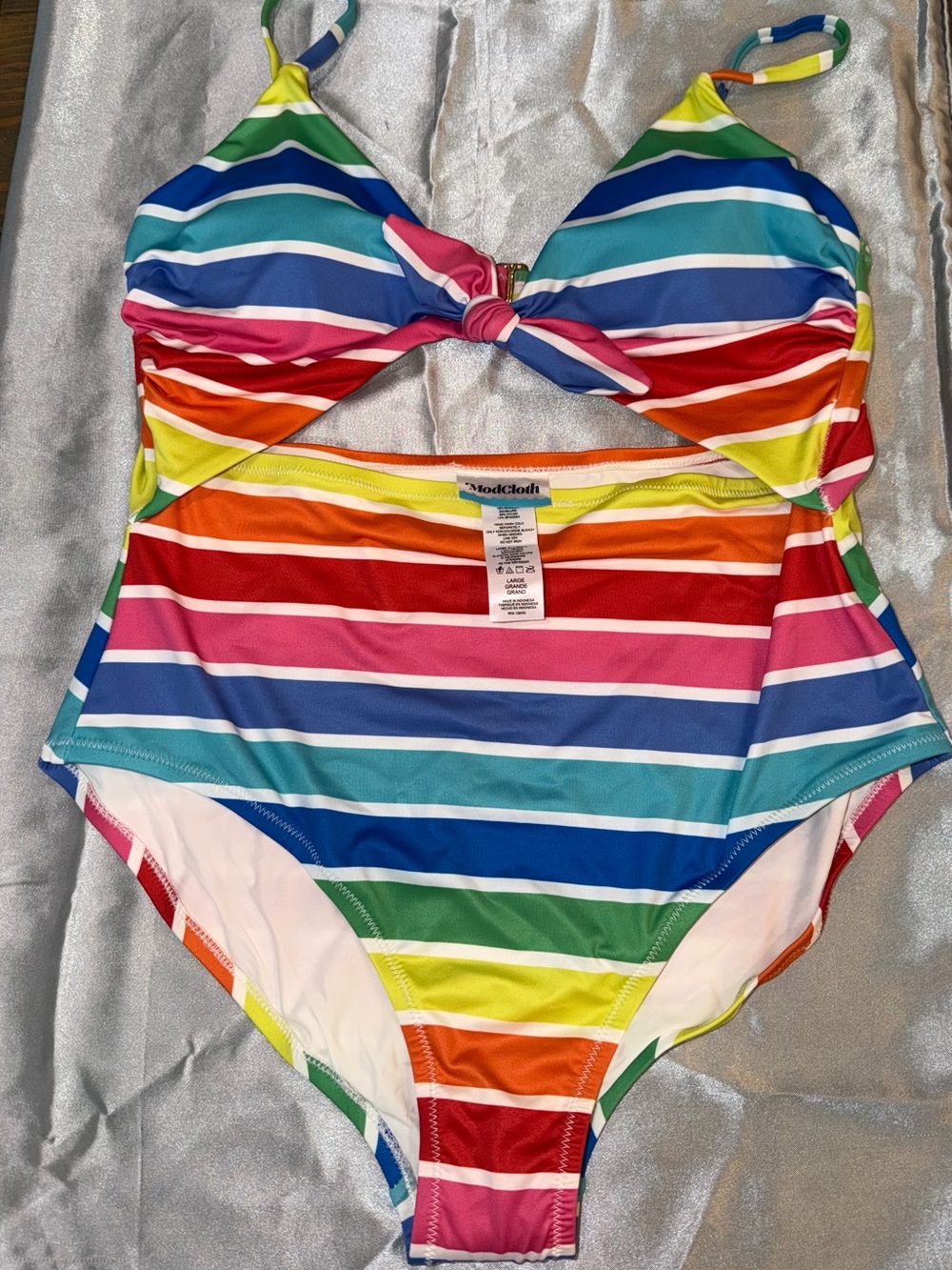 ModCloth Rainbow Stripe Knot-Front One-Piece Swimsuit